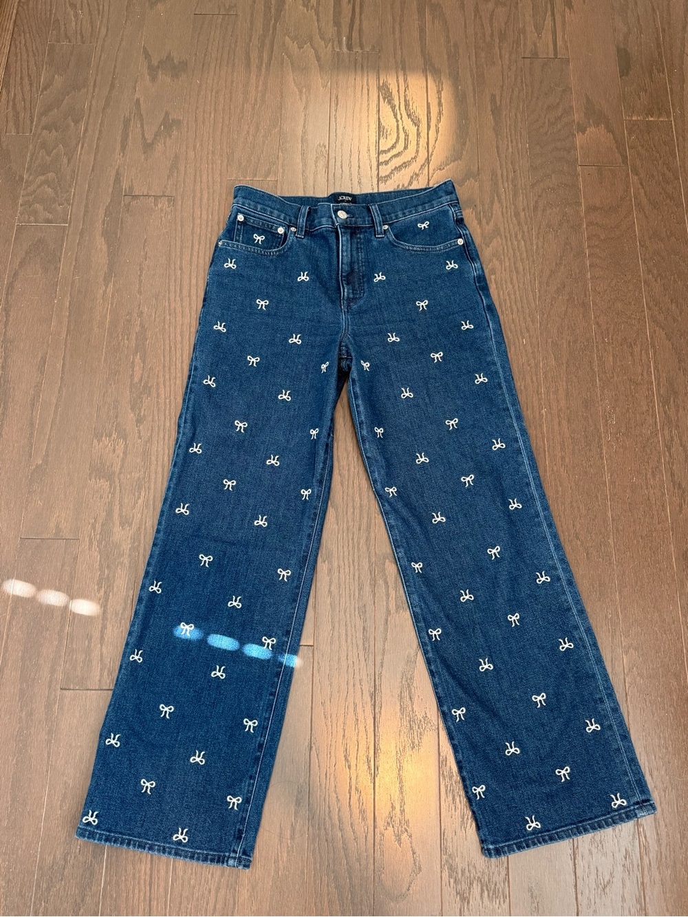 J. Crew Dark Blue Wide-Leg Jeans with White Bow Embroidery - Picture 3 of 7